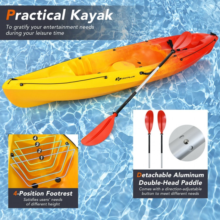 Single sit-on-top kayak in yellow with detachable aluminum paddle, ideal for fishing and leisure activities.