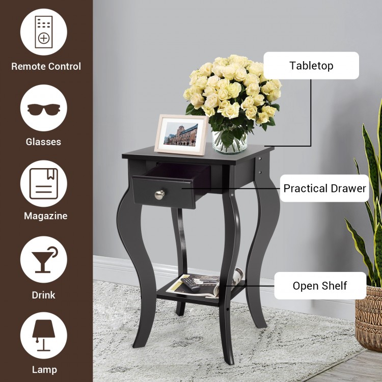 Black 2-tier end table with drawer and shelf, featuring elegant design and sturdy legs, perfect for living room or.