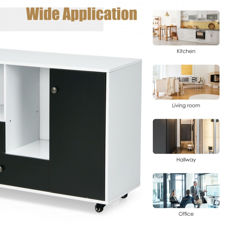 Lateral mobile filing cabinet in black with 2 drawers and 2 open shelves, ideal for office or kitchen storage.
