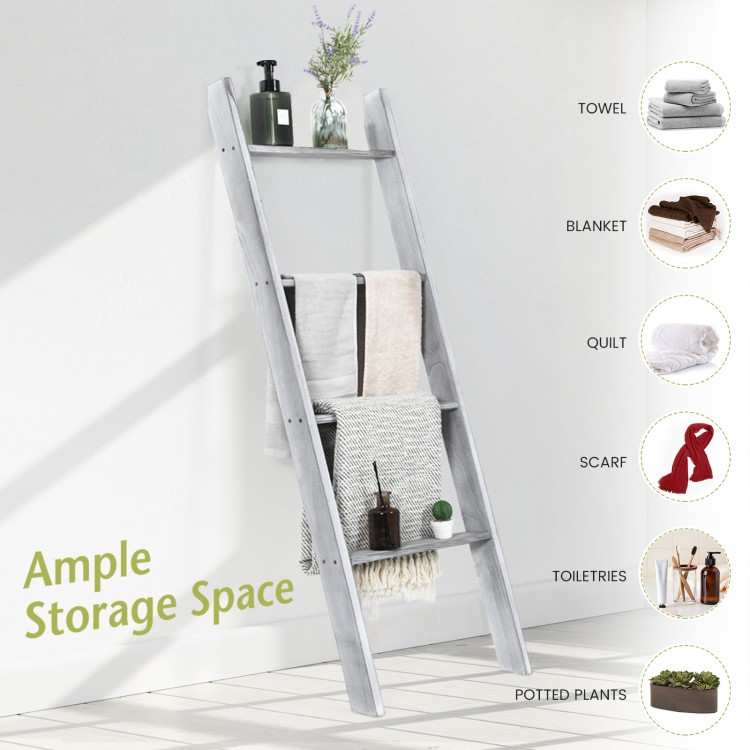 4-tier gray pine wood ladder shelf with ample storage for towels, blankets, and toiletries, perfect for any room.