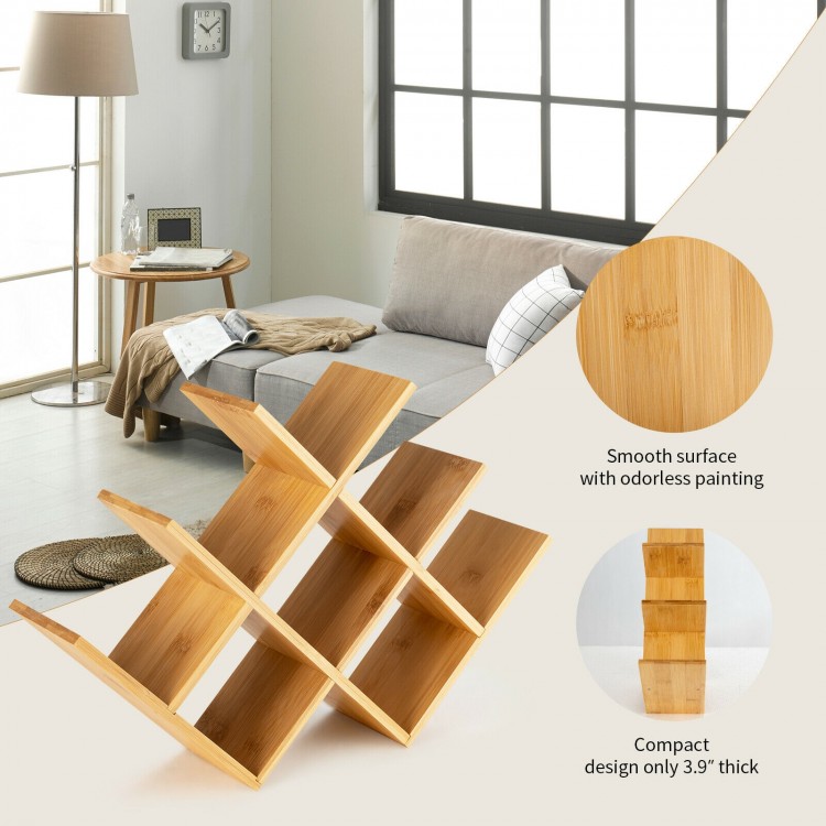 Freestanding bamboo wine rack holding 8 bottles, featuring a compact design and smooth surface for stylish storage.