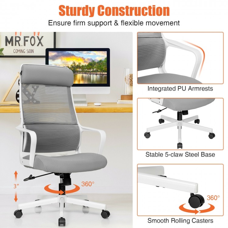 Adjustable gray mesh office chair with heating support headrest and lumbar, featuring a sturdy base and smooth rolling.
