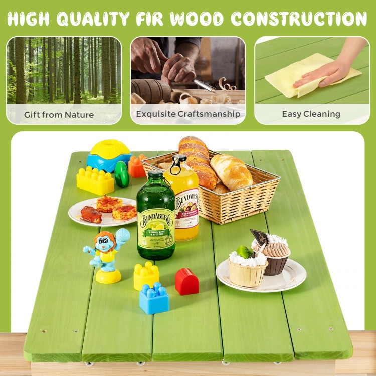 3-in-1 outdoor kids water and sand table featuring vibrant green fir wood, perfect for creative playtime in the yard.