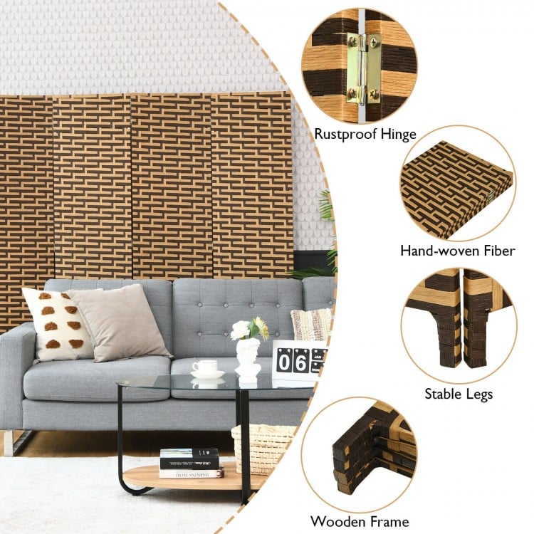4-panel folding room divider with rustproof hinge, hand-woven fiber, and sturdy wooden frame for versatile privacy.