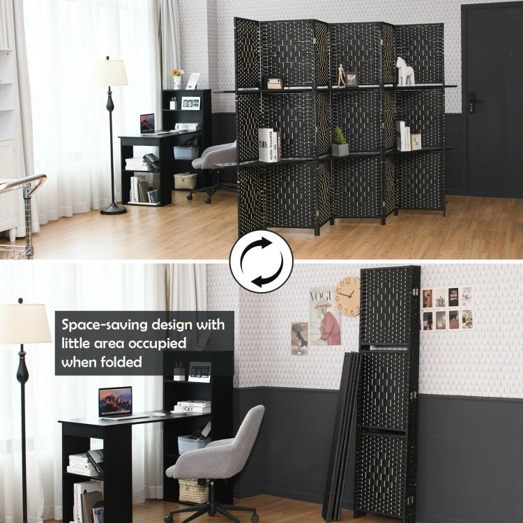 6-panel black folding room divider with hand-woven fiber and 2 display shelves, ideal for creating private spaces.