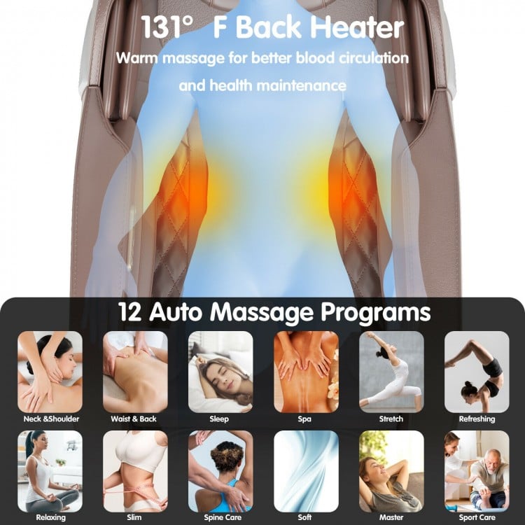 Full body zero gravity massage chair with SL track, back heater, and 12 auto massage programs for ultimate relaxation.
