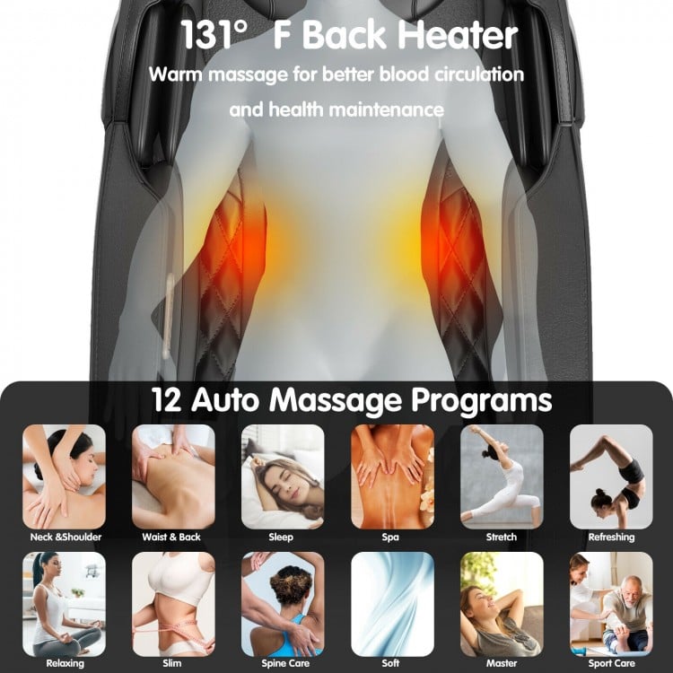 Full body zero gravity massage chair with SL track, featuring 12 auto programs and a 131°F back heater for relaxation.
