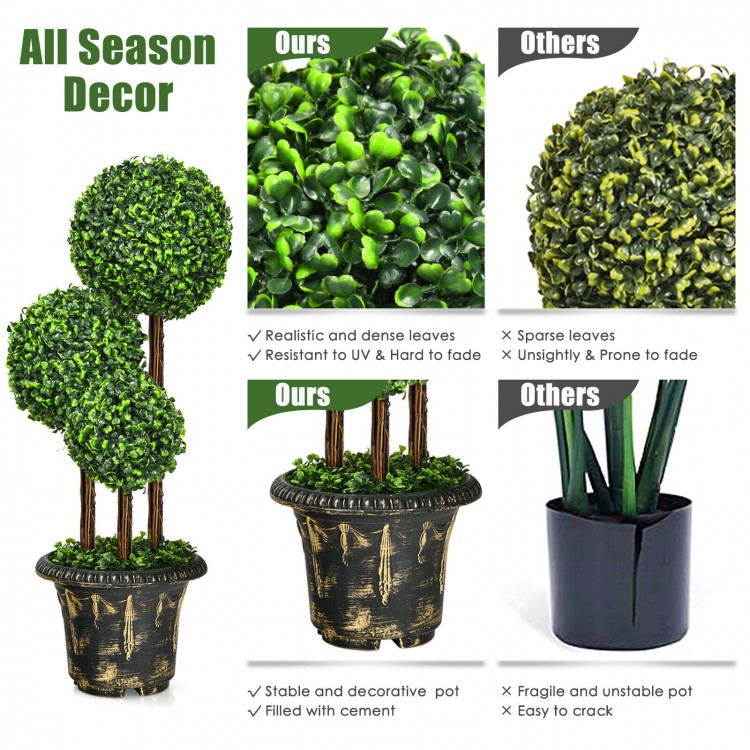 36-inch artificial topiary triple ball tree with realistic PE leaves and stable cement-filled pot for indoor and.
