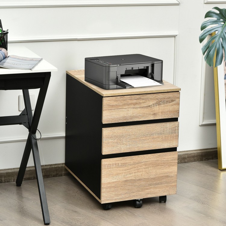 3-drawer mobile file cabinet in engineered wood with smooth slides and swivel wheels, ideal for home office storage.