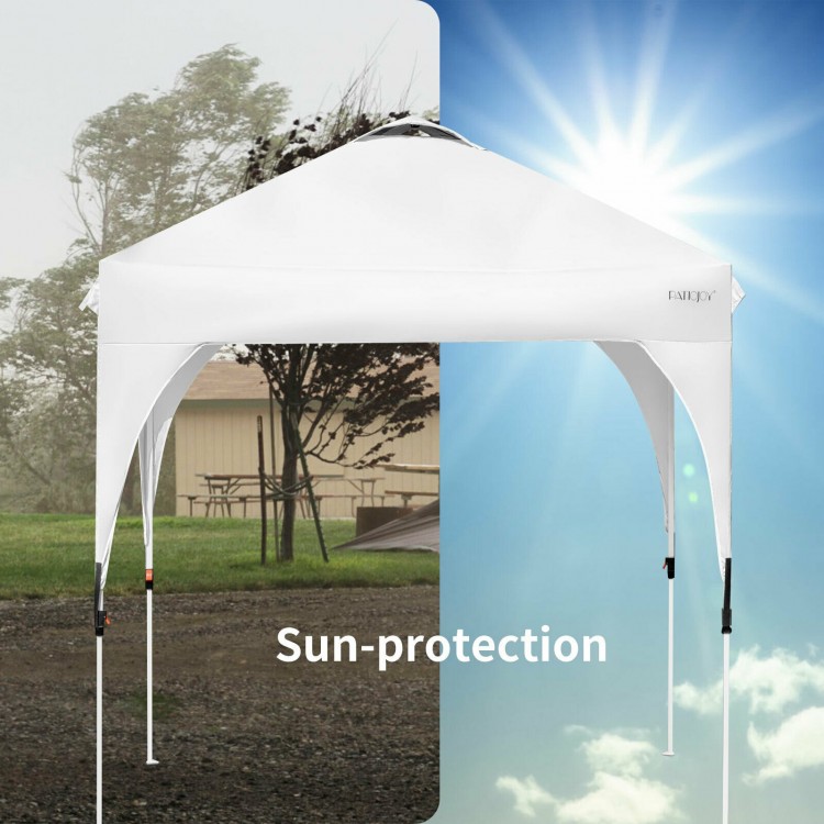 Height adjustable 6.6 x 6.6 FT white pop-up canopy tent for outdoor shade, featuring a sturdy steel frame and portable.