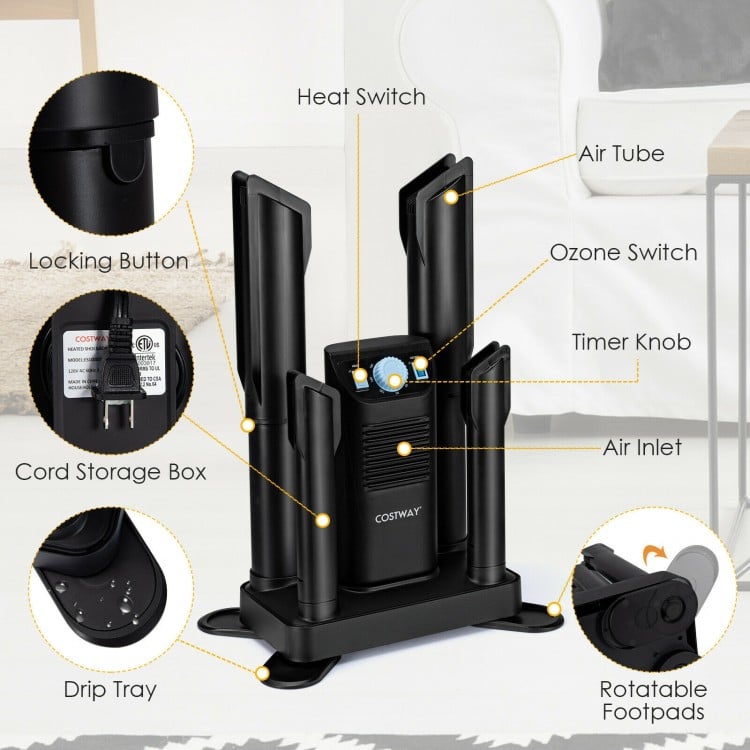 Electric shoe dryer for 4 shoes in black with timer, ozone disinfection, and rotatable footpads for efficient drying.
