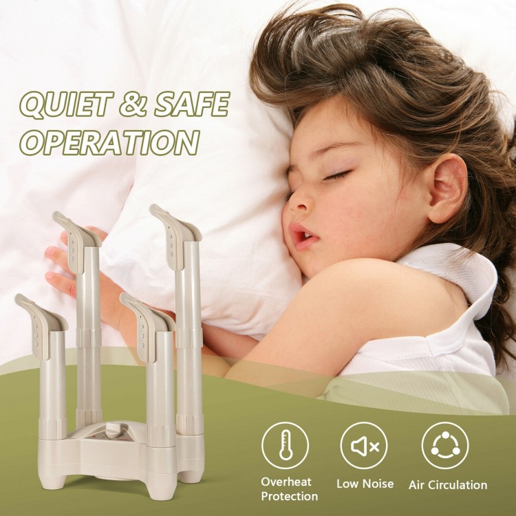 Electric shoe and boot dryer with four brackets, timer, and overheat protection for convenient drying.