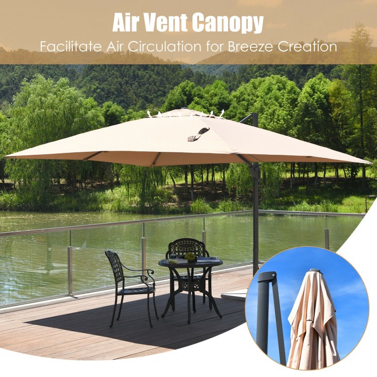 Rectangular cantilever umbrella in beige with 360° rotation, ideal for gardens and backyards, providing large shading.