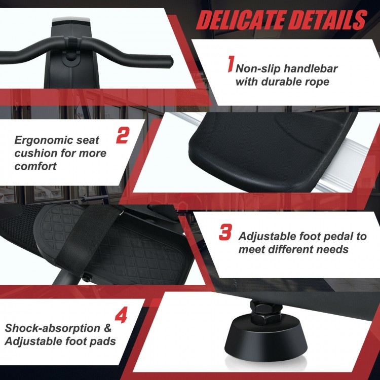 Adjustable foot pedal and ergonomic seat cushion of the Folding Magnetic Rowing Machine for enhanced comfort and.