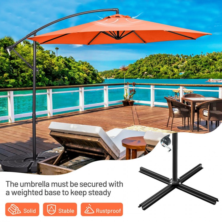 10FT orange offset umbrella with 8 ribs and cross base, ideal for providing shade on patios or outdoor spaces.