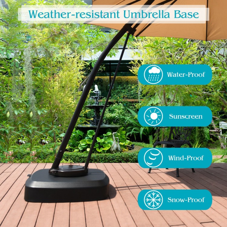Patio cantilever umbrella base with wheels, weather-resistant, filled with sand for stability, ideal for outdoor use.
