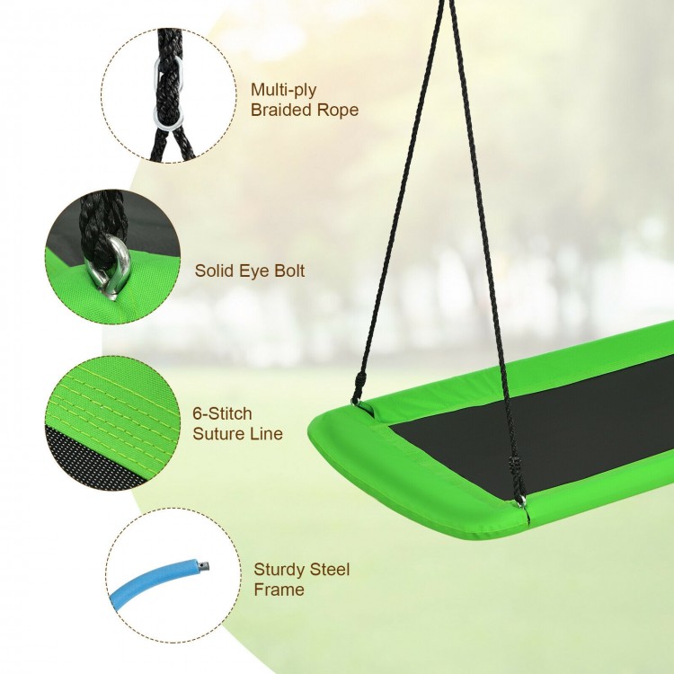 Green 60-inch platform tree swing featuring a sturdy steel frame, multi-ply braided rope, and adjustable height for.