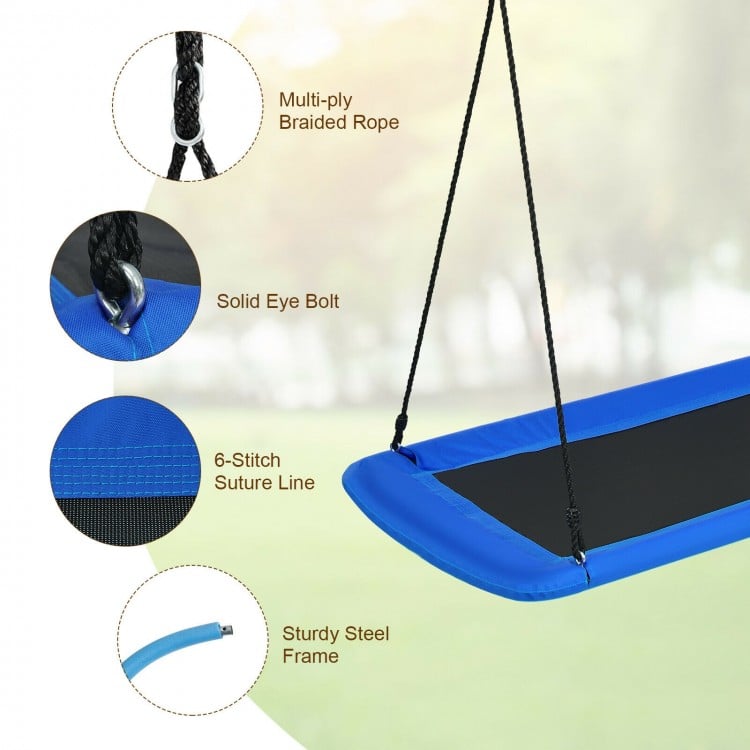 Close-up of the 60-inch blue platform tree swing showing sturdy steel frame, multi-ply braided rope, and adjustable.