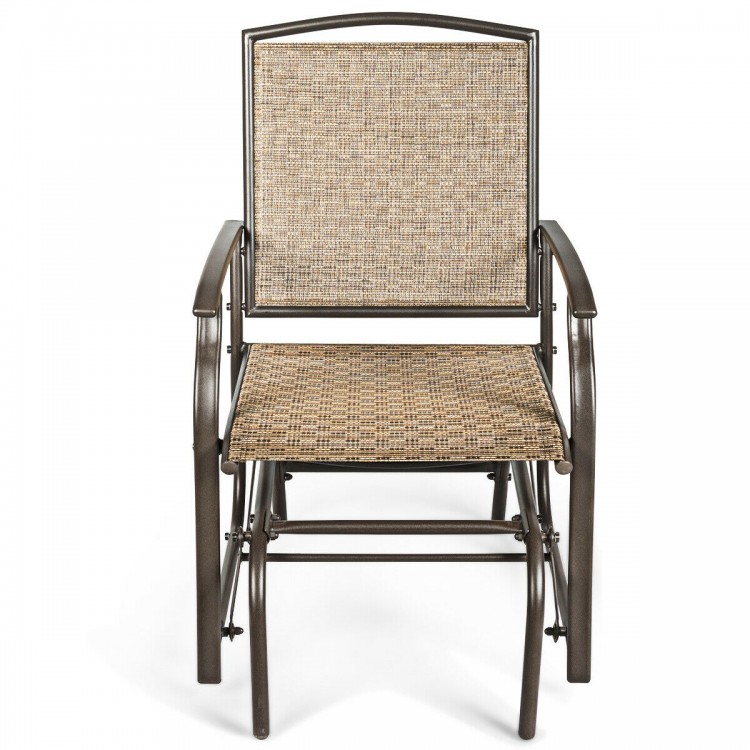 Front view of the Steel Frame Garden Swing Glider Chair highlighting its durable fabric seat and sturdy iron frame for.