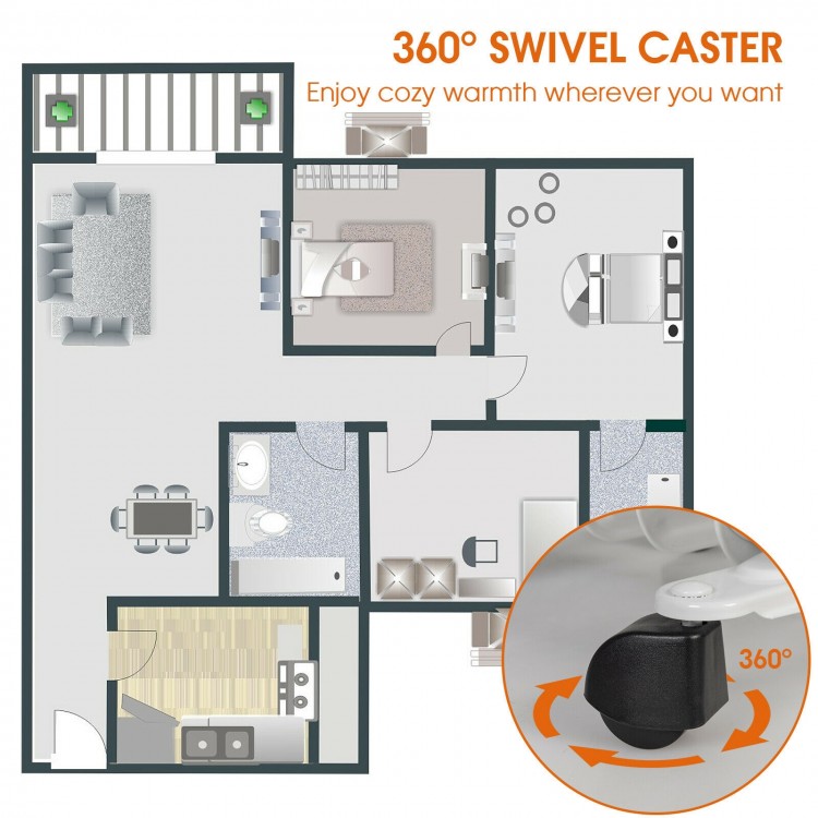 Portable 1500W oil-filled radiator heater with adjustable thermostat and 360° swivel casters for easy mobility in any.