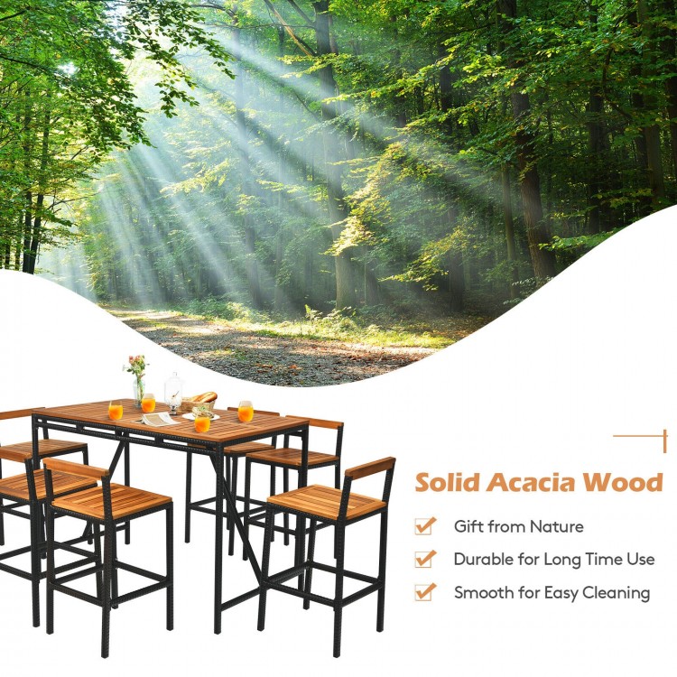 7-piece acacia wood patio bar set with 6 stools and umbrella hole, perfect for outdoor dining and gatherings.