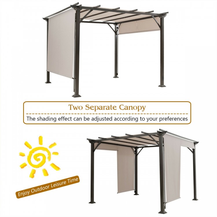 10x10 feet metal frame patio shelter with adjustable beige canopy, ideal for outdoor gatherings and sun protection.