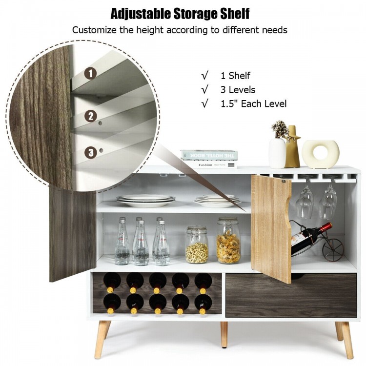 Mid-century buffet sideboard with adjustable shelf, wine rack for 10 bottles, and spacious drawer for kitchen or dining.