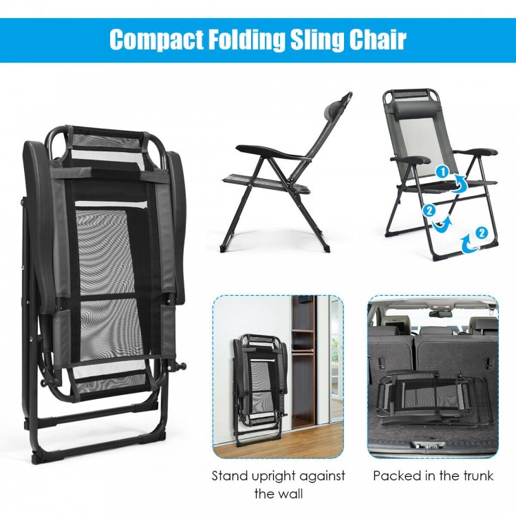 Compact folding sling chair in gray with adjustable backrest, perfect for outdoor patio and camping use.