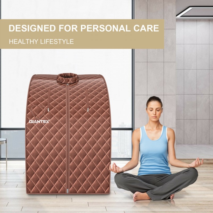 Portable personal steam sauna tent in coffee color, designed for health care with remote control and detachable chair.