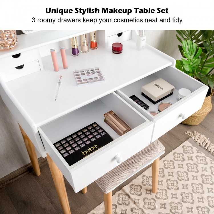 Makeup vanity set featuring spacious drawers and a unique shape mirror, perfect for organizing cosmetics and jewelry.