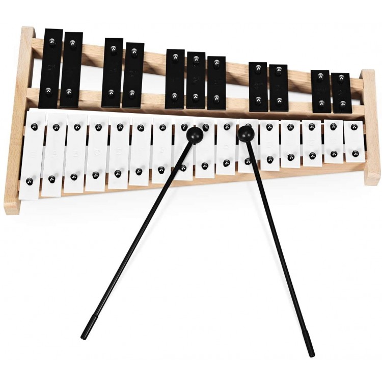27-note glockenspiel xylophone with rubber mallets, sturdy wood frame, ideal for music teaching and performances.