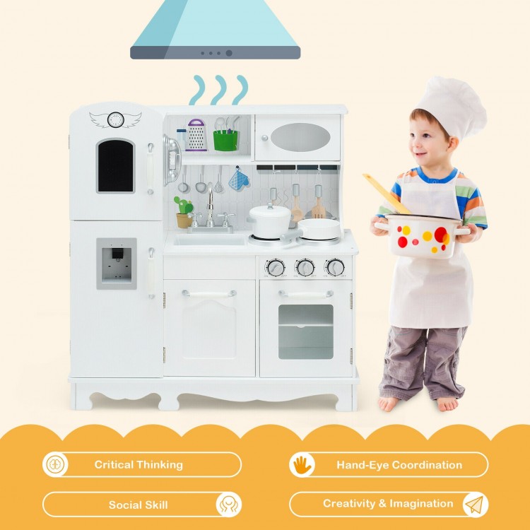 White kitchen pretend play cookware set for kids with water dispenser, designed for imaginative play and hand-eye.