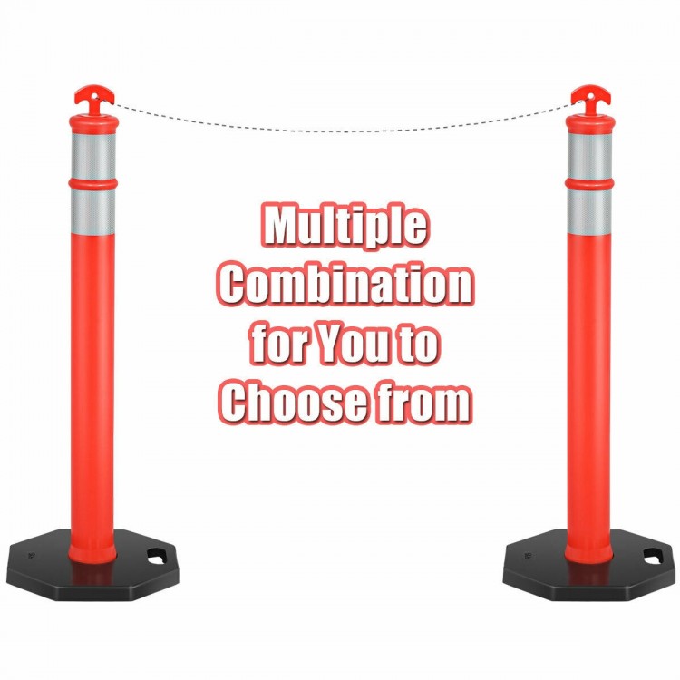 Two 45-inch orange traffic delineator posts with reflective collars and stable rubber bases for guiding traffic safely.