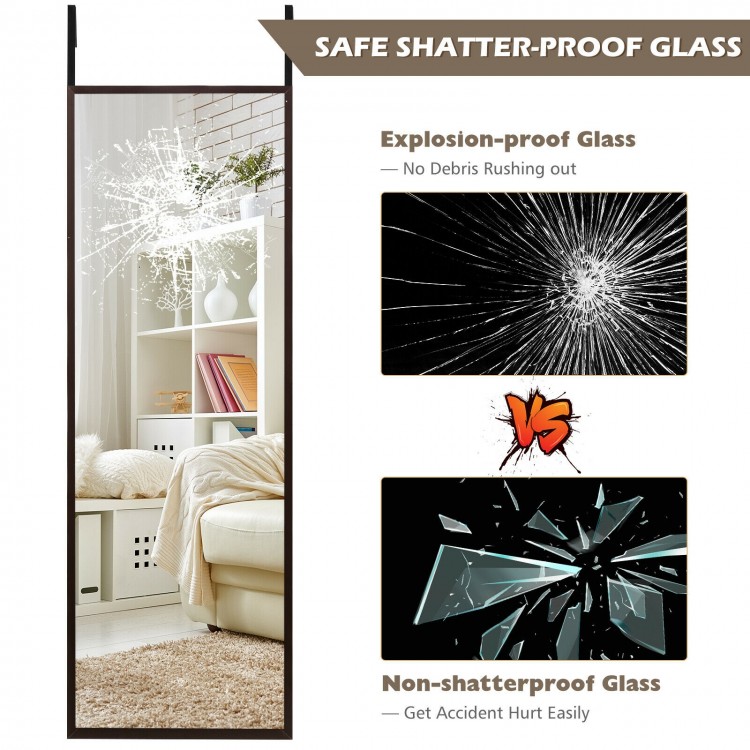 Full-length metal door mirror in brown with shatter-proof glass, adjustable hooks for versatile wall or door placement.