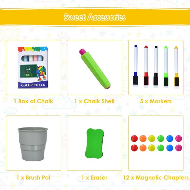Colorful art accessories including chalk, markers, and an eraser for the 3-in-1 kids' tabletop easel.