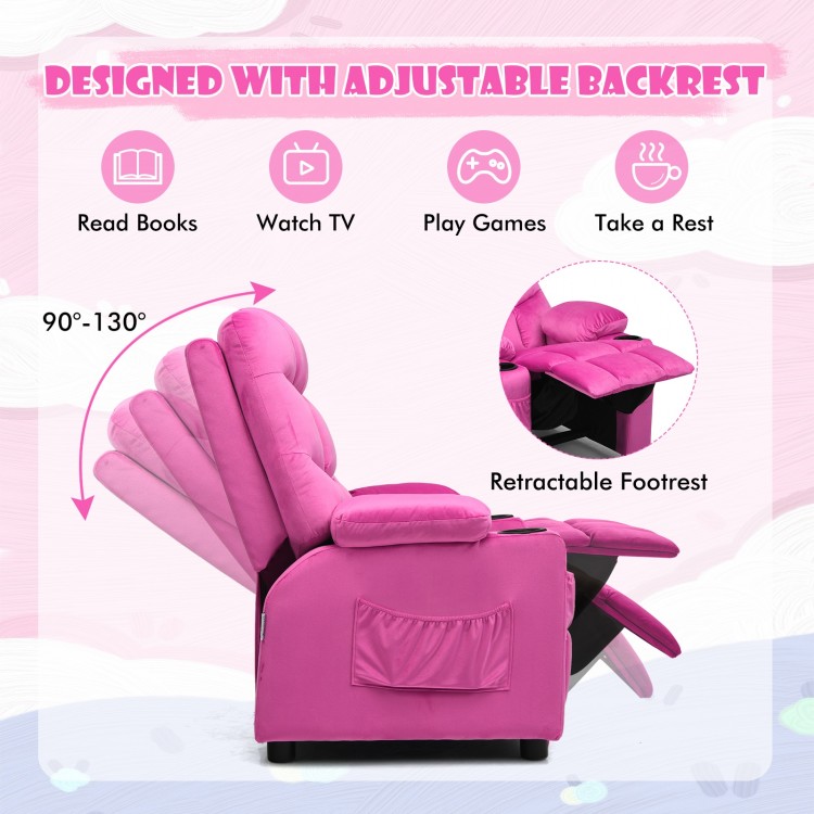 Kids recliner chair in pink with adjustable backrest, cup holders, and footrest for comfortable lounging and relaxation.