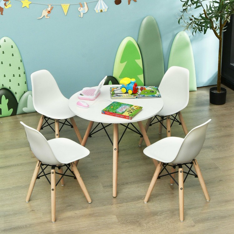 Mini-sized white children's chair set with wood legs, ideal for playrooms and nurseries, featuring ergonomic design.