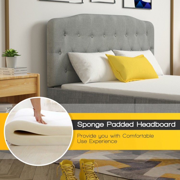 Light gray queen upholstered headboard with sponge padding, adjustable heights, and elegant button design for comfort.