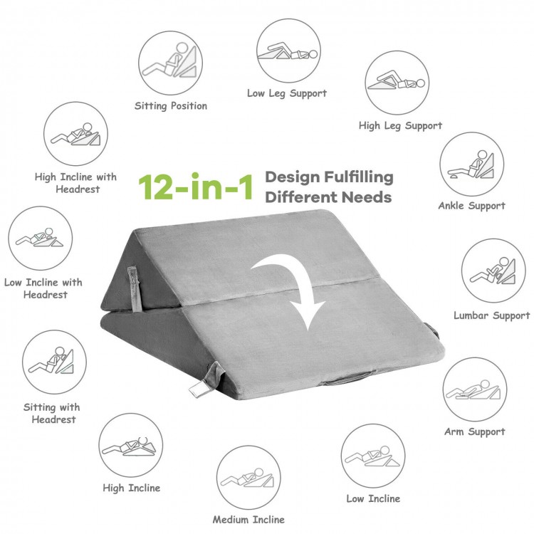 Adjustable gray wedge pillow with memory foam for back support, featuring 12-in-1 design for versatile comfort in.