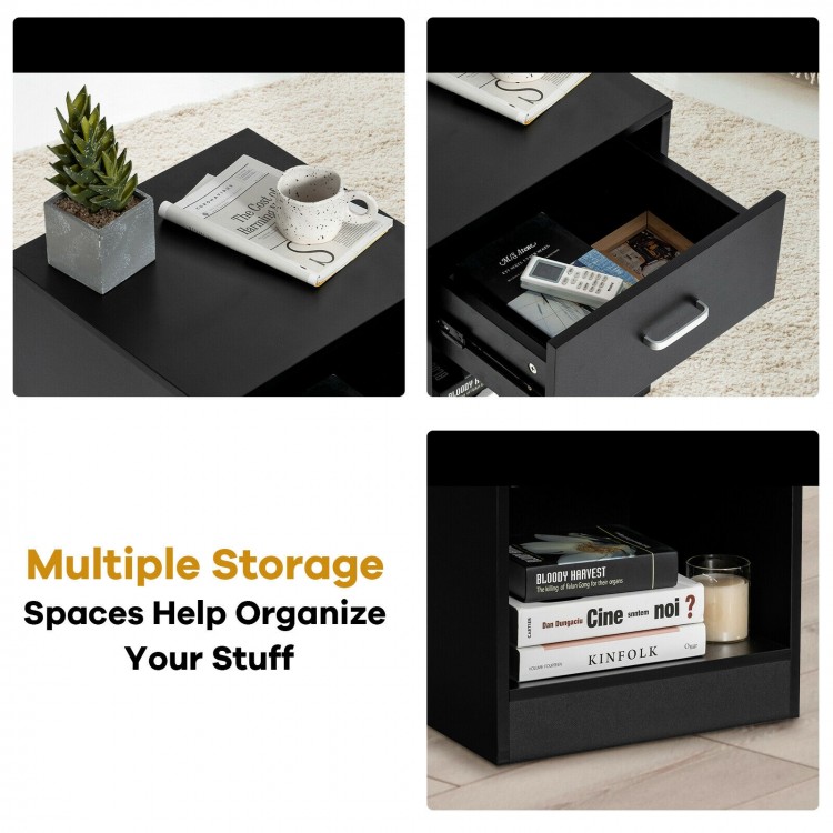 Black nightstand featuring a storage drawer and open compartment, perfect for organizing personal belongings beside.