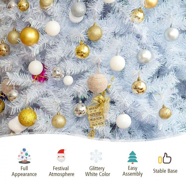 6 feet artificial Christmas tree with iridescent branch tips, white color, and stable X-shaped iron base for festive.