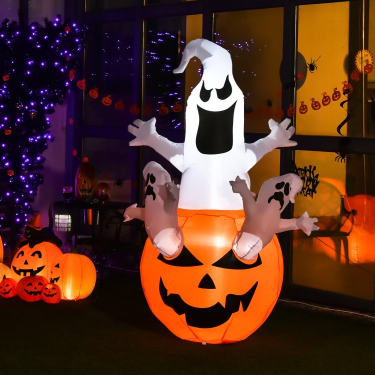 Halloween inflatable decoration featuring a ghost and pumpkin, 6 feet tall, with built-in LED light for outdoor display.