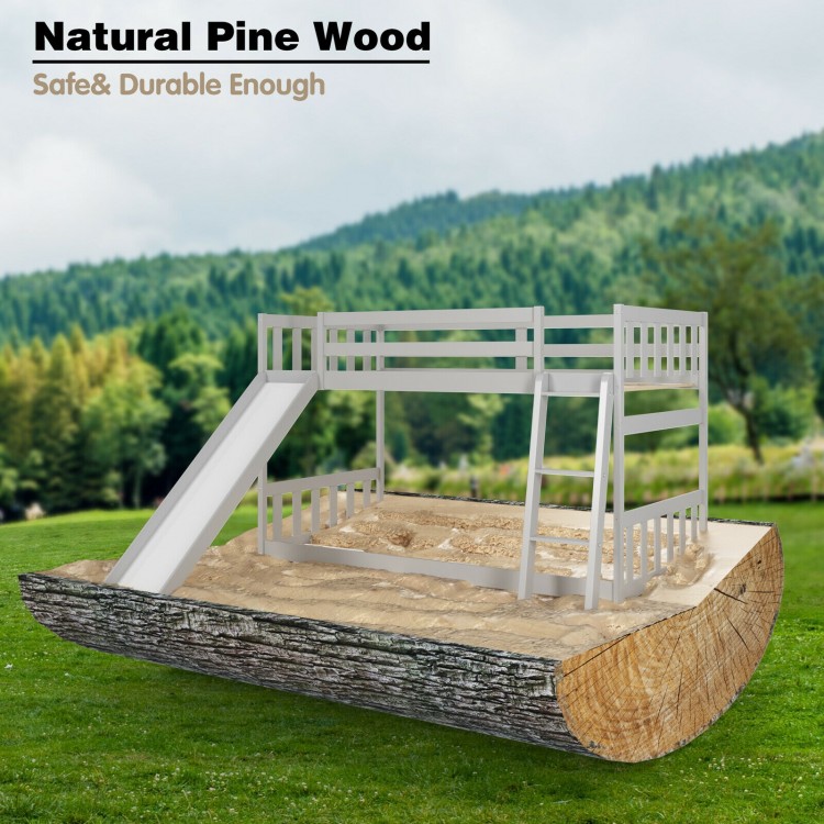 Twin over twin bunk bed in gray with slide ladder, made of natural pine wood, designed for kids' safety and fun.