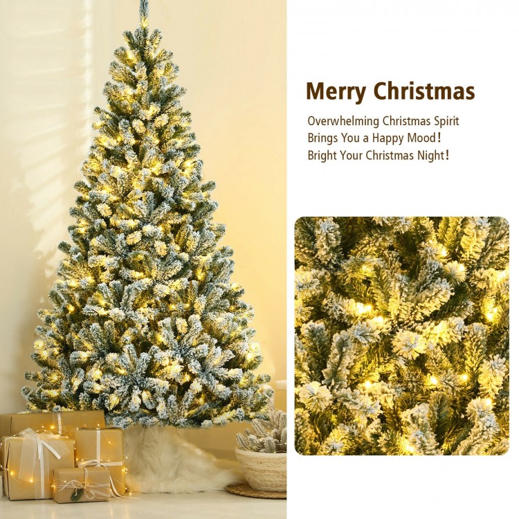 7-foot pre-lit snow flocked Christmas tree with 1116 tips and metal stand, perfect for creating a warm festive.