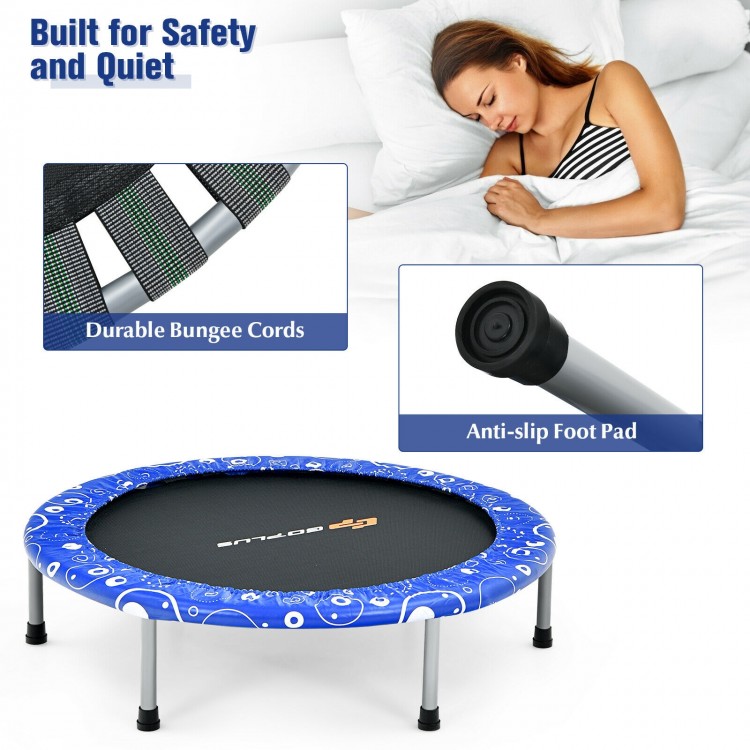 36-inch kids trampoline with blue padded cover, durable bungee cords, and anti-slip foot pads for safe indoor and.