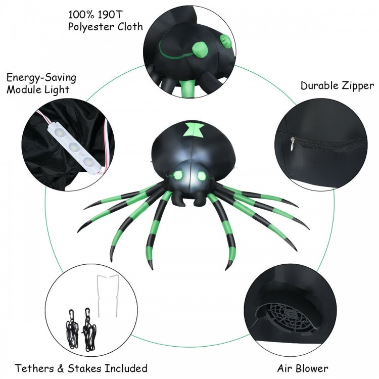 6-foot Halloween inflatable blow-up spider made of durable 190T polyester cloth, featuring an energy-saving LED bulb.