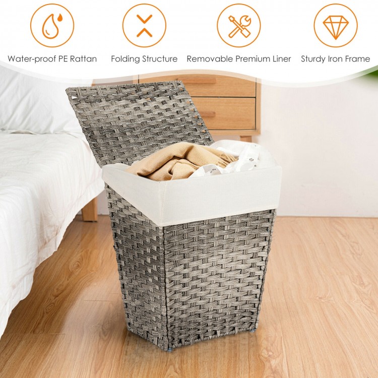 Handwoven gray laundry hamper with removable liner, waterproof PE rattan, and sturdy iron frame for bathroom use.