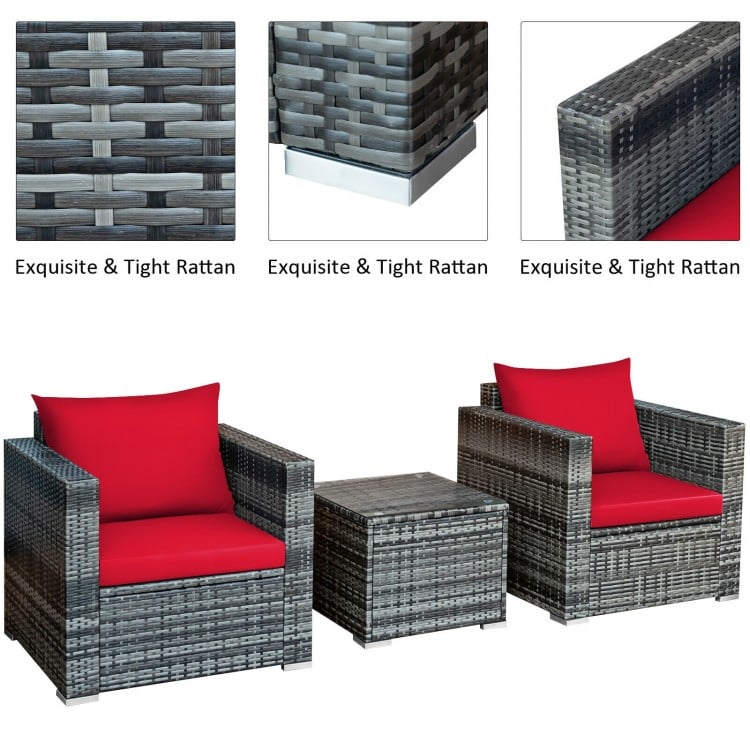 3-piece patio rattan sofa set with cushioned-red seats and tempered glass table, perfect for outdoor relaxation.
