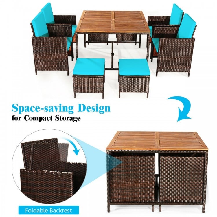 9-piece patio dining set featuring cushioned chairs and acacia wood tabletop, designed for outdoor use and compact.