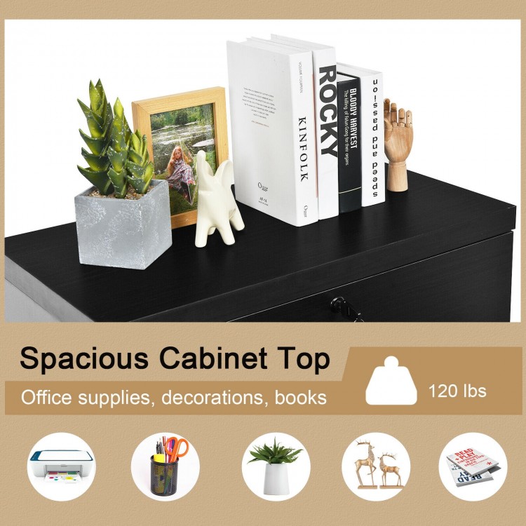 Spacious black file cabinet top displaying books and decorations, supporting up to 120 lbs for versatile home or office.